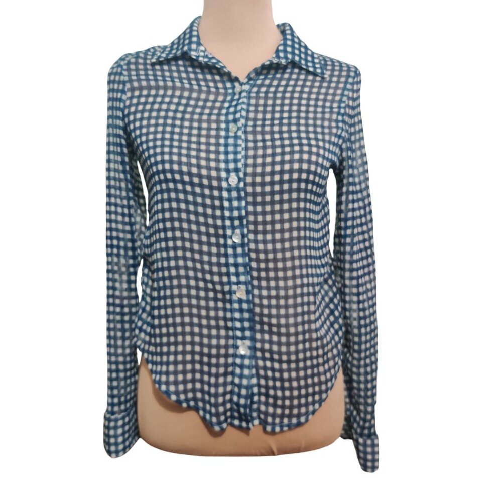 Living Doll Womens Shirt Sheer Checkered Button Up Preppy Chic Blue White Sz XS